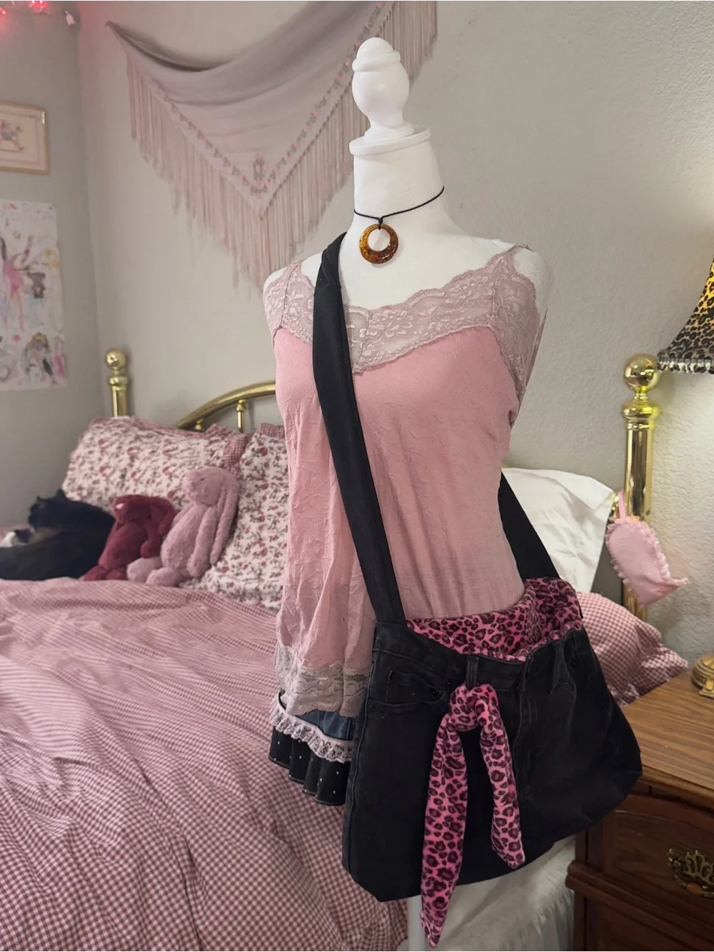 Black Canvas Crossbody Bag with Pink Leopard Accent - Women's Crossbody
